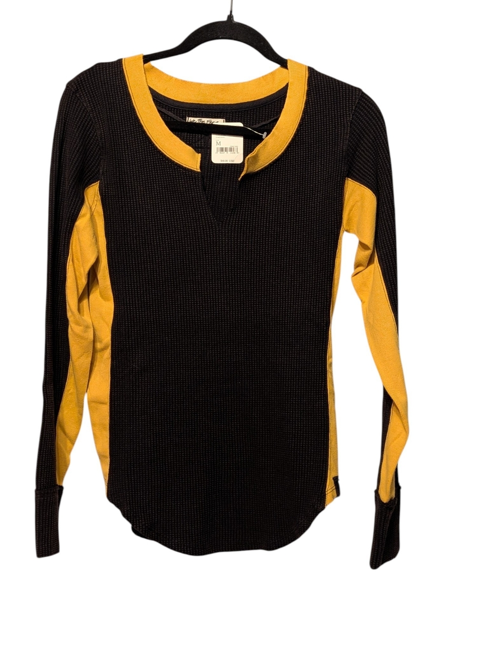 Free People Black and Mustard Waffle-Knit Long Sleeve Top | Medium Nwt